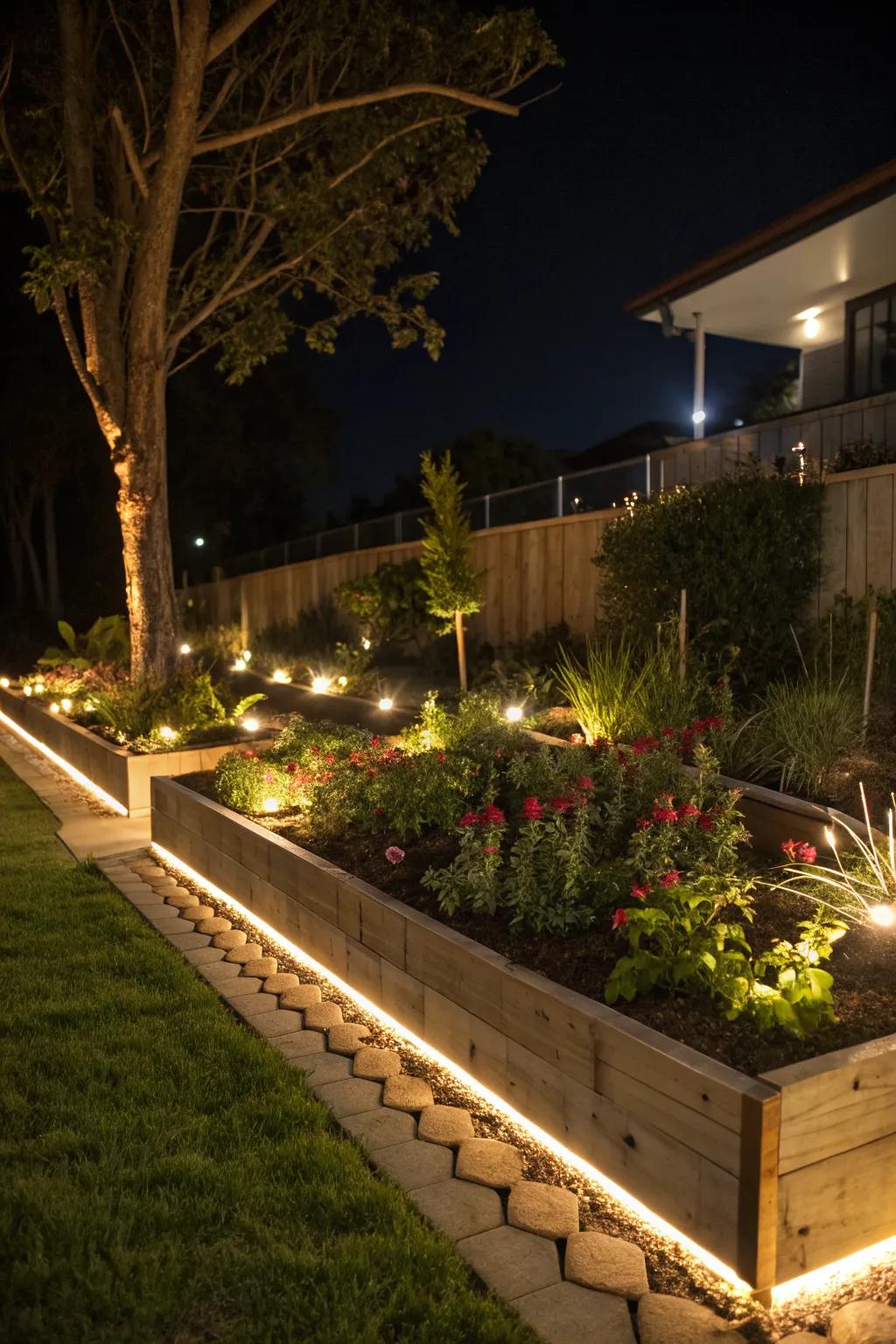 Garden bed strip lighting highlights your plantings beautifully.