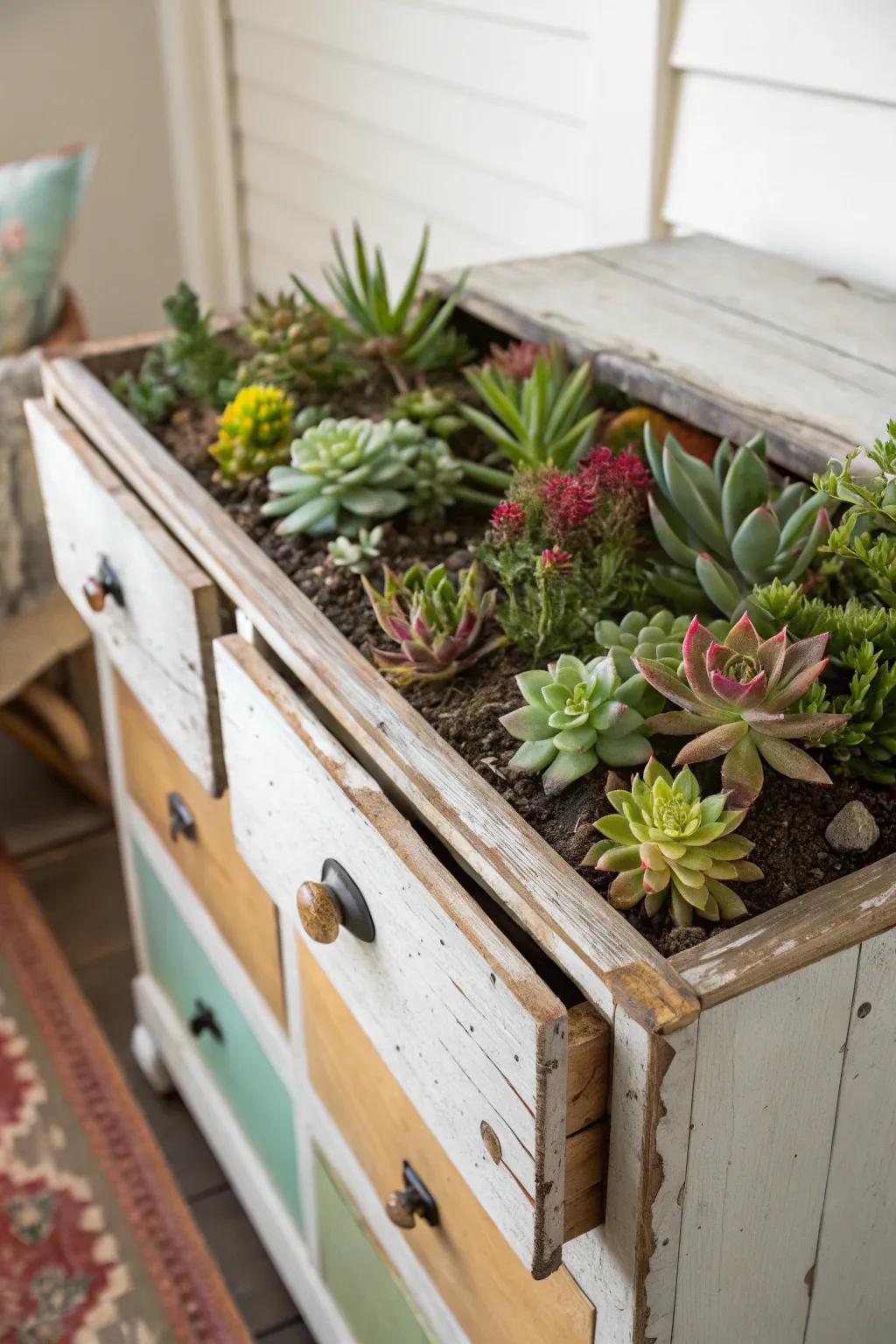 An imaginative use of repurposed furniture as succulent planters.