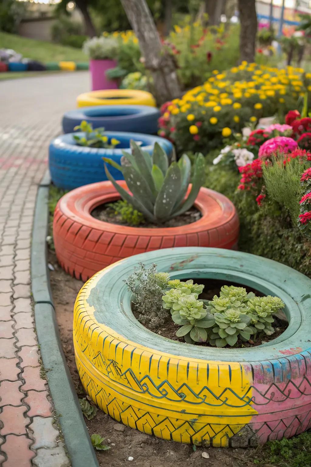 Colorful tire planters are an eco-friendly way to brighten up your garden.
