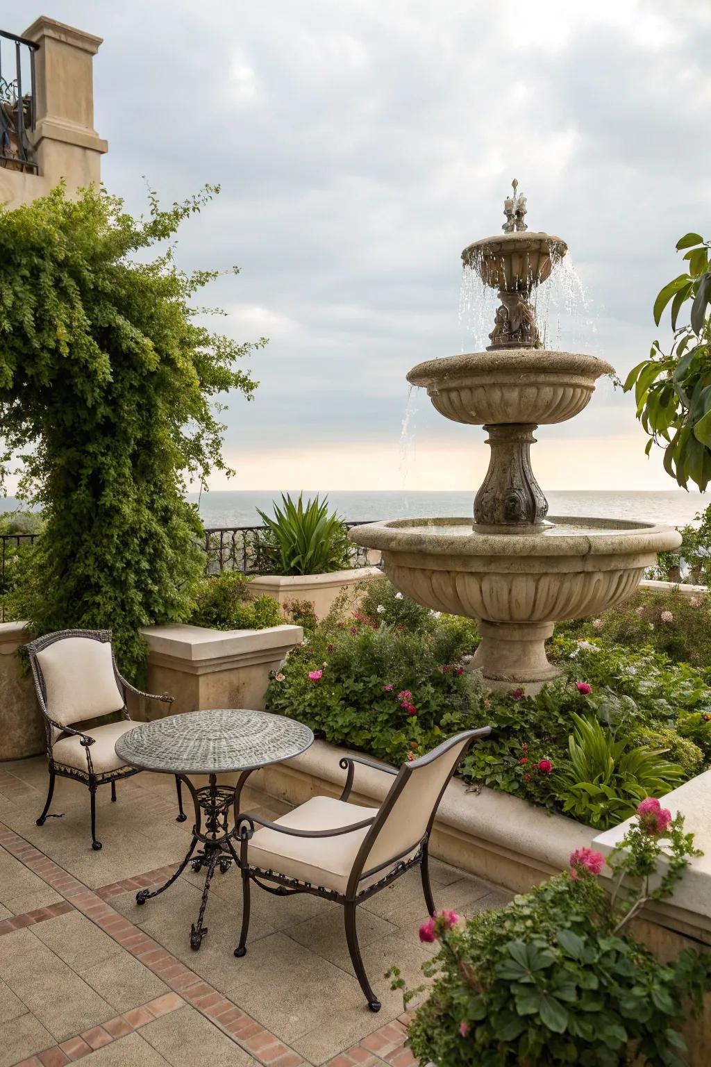 Create a tranquil atmosphere with a water feature.