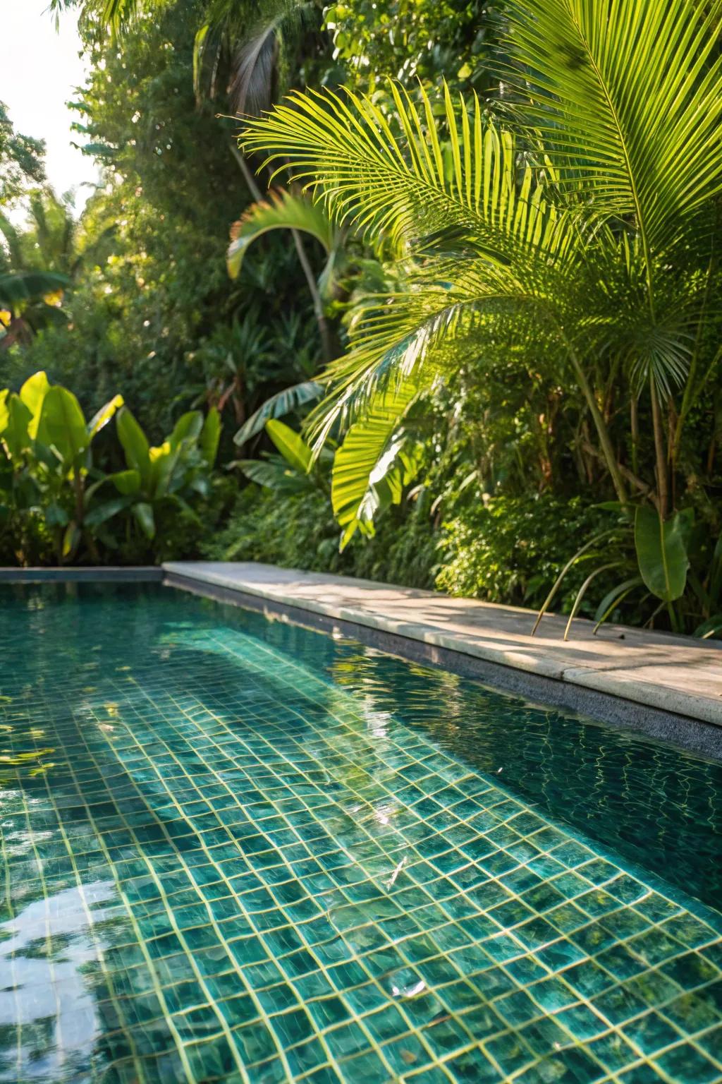 Glass tiles add shimmering depth to pools and water features.