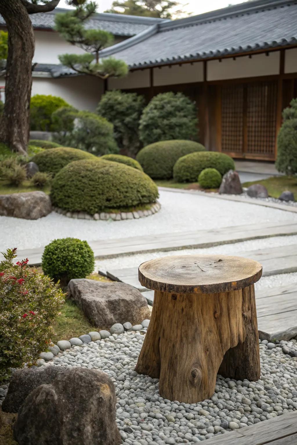 A minimalist tree stump table in a peaceful Zen garden.