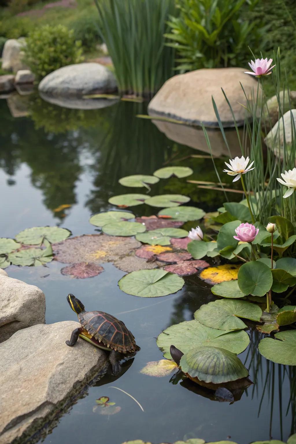 Floating plants add beauty and functionality to the turtle pond.