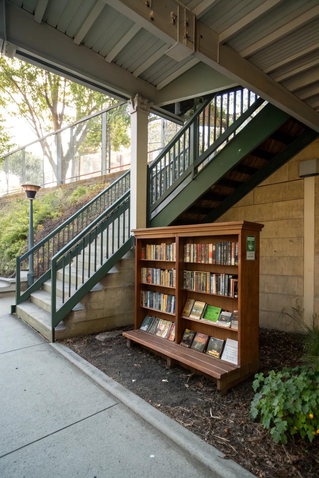 Enjoy a peaceful reading nook with an outdoor library under the stairs.