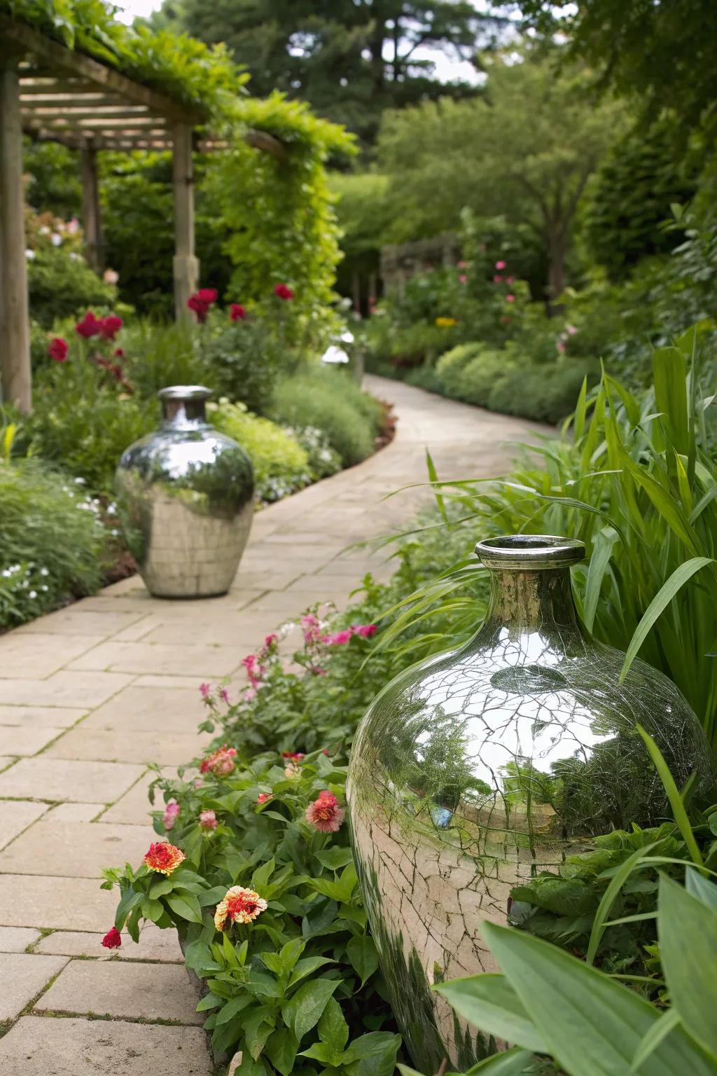 Eco-friendly glass vases adding color and light to the garden.