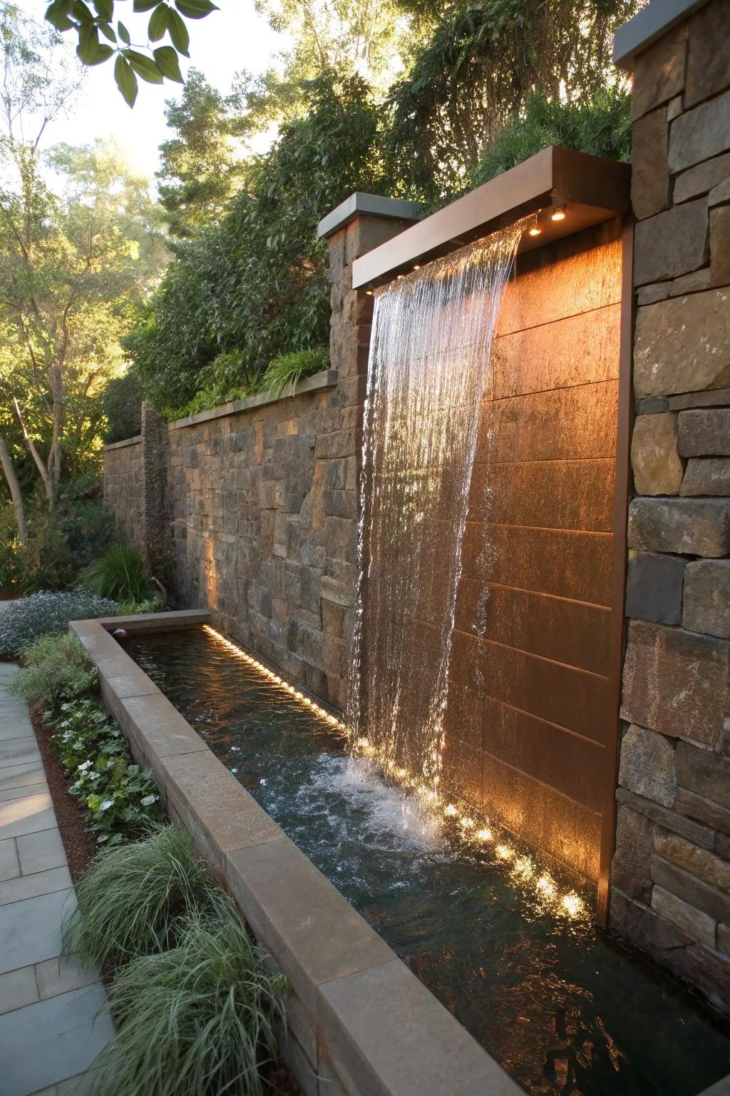 A copper-backed waterfall brings warmth and elegance to your space.