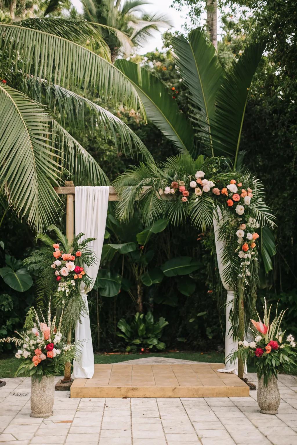 Tropical elements bring vibrant island vibes to the altar.