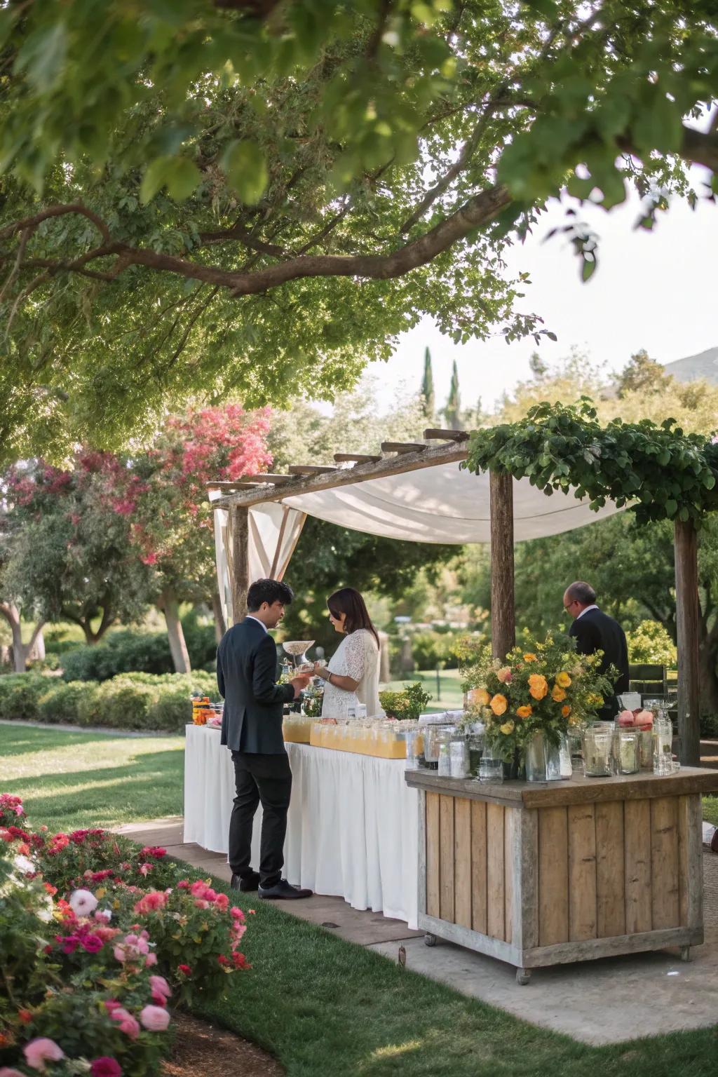 Shaded refreshment stations providing a cool gathering spot.