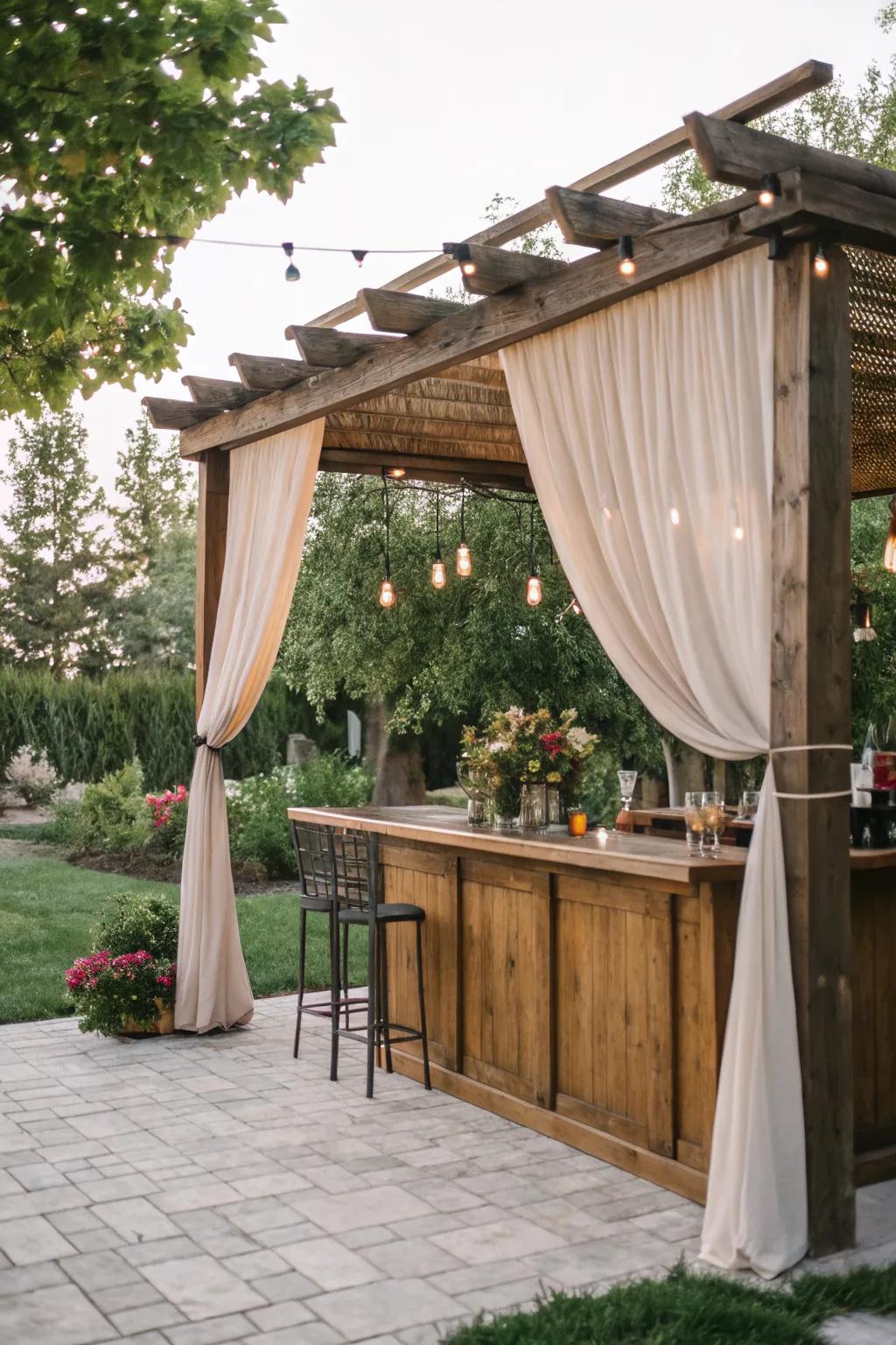 A stylish wood bar under a pergola, combining shade and structure beautifully.