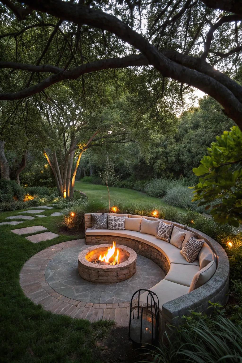 A sunken fire pit creates an intimate gathering spot.