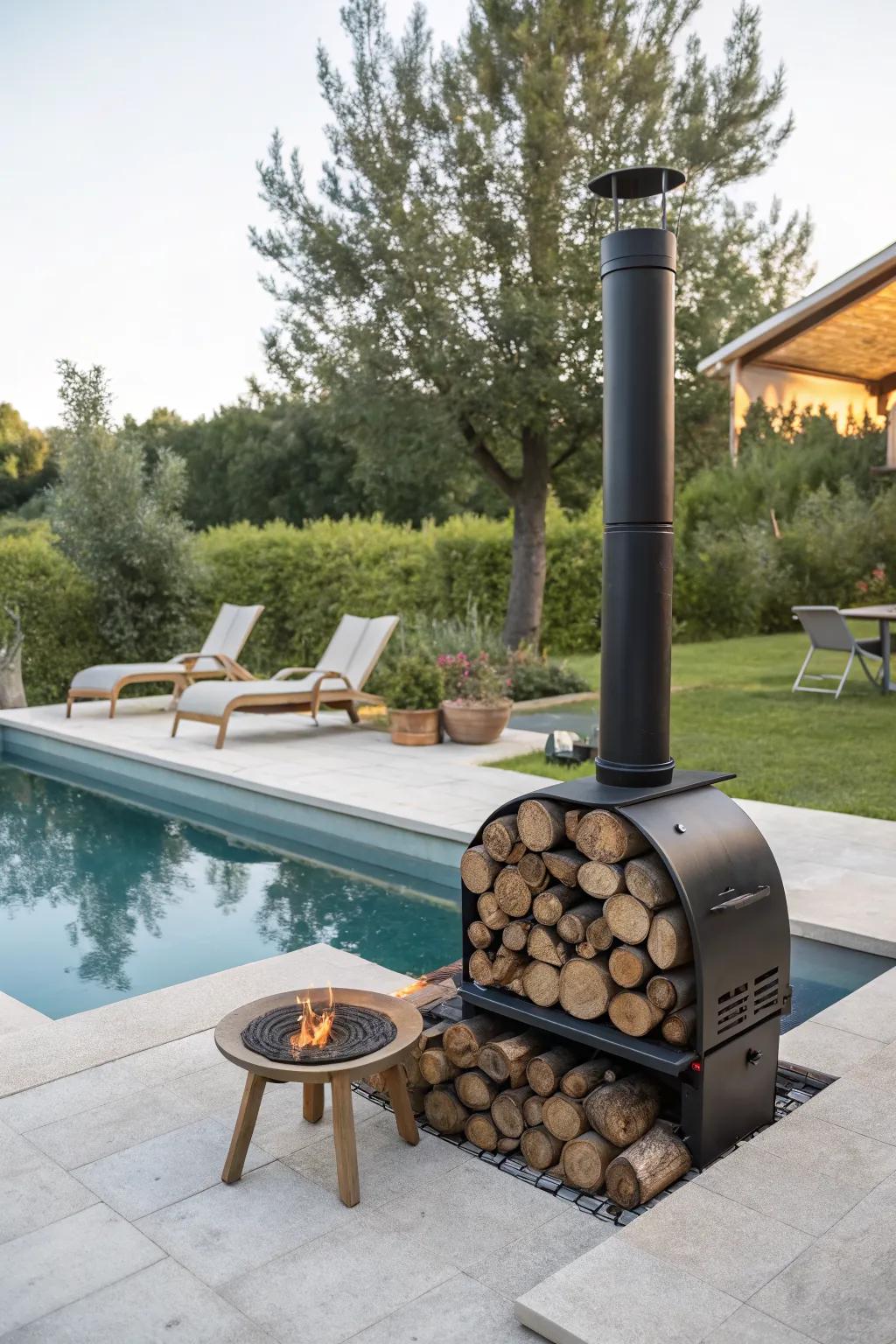 Enjoy poolside warmth with a strategically placed stove.