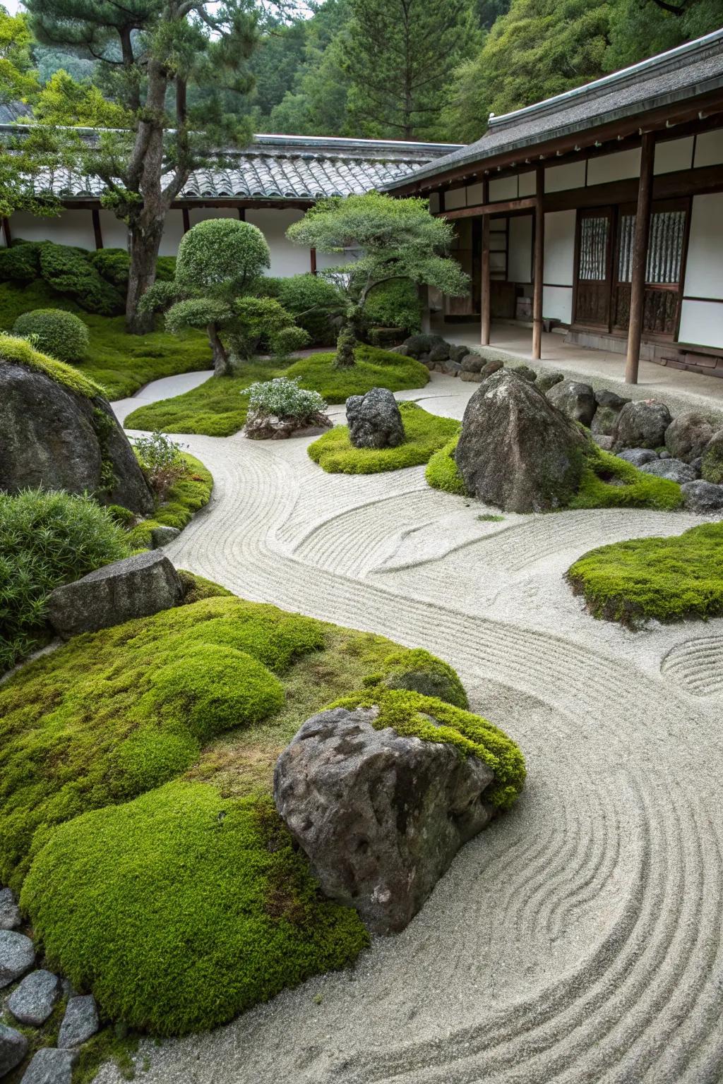 Moss adds a soft, natural texture to the zen garden