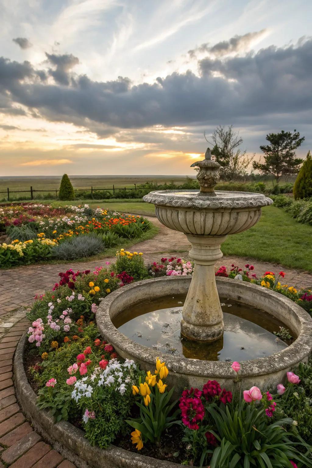 A birdbath adds a whimsical touch to this floral arrangement.