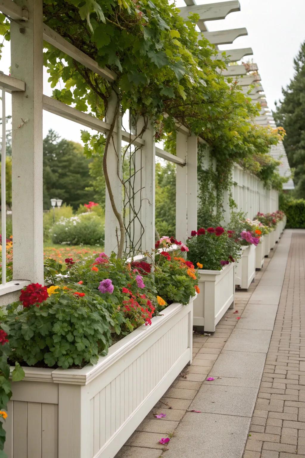 A trellis with planter boxes, bursting with vibrant flowers.