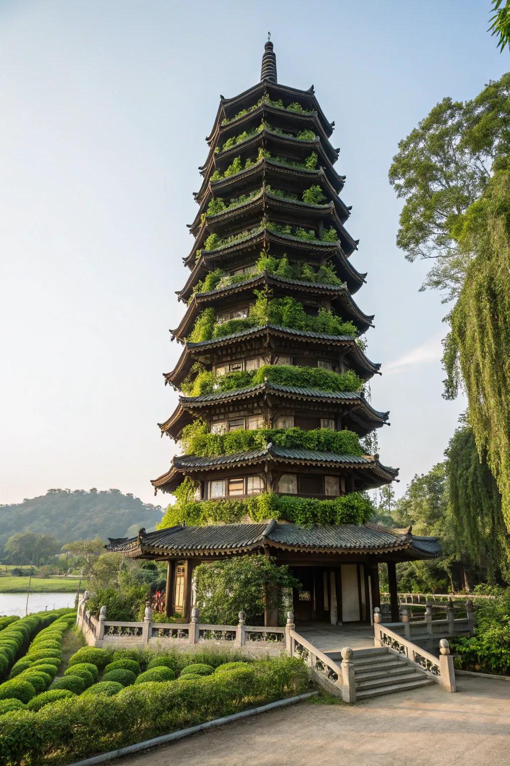 Vertical gardens add lush dimension to a pagoda's architectural beauty.