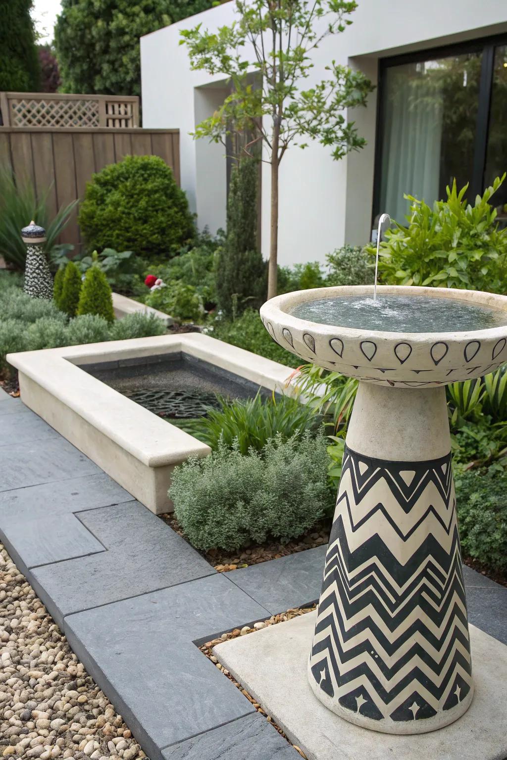 Geometric wonders add a modern touch to this bird bath.