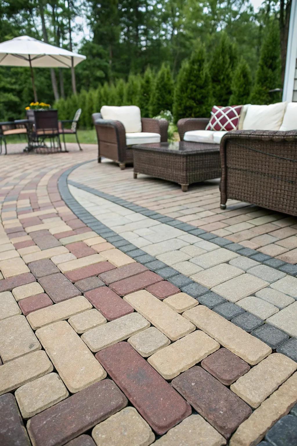 Two-tone designs add depth and interest to a brick patio.