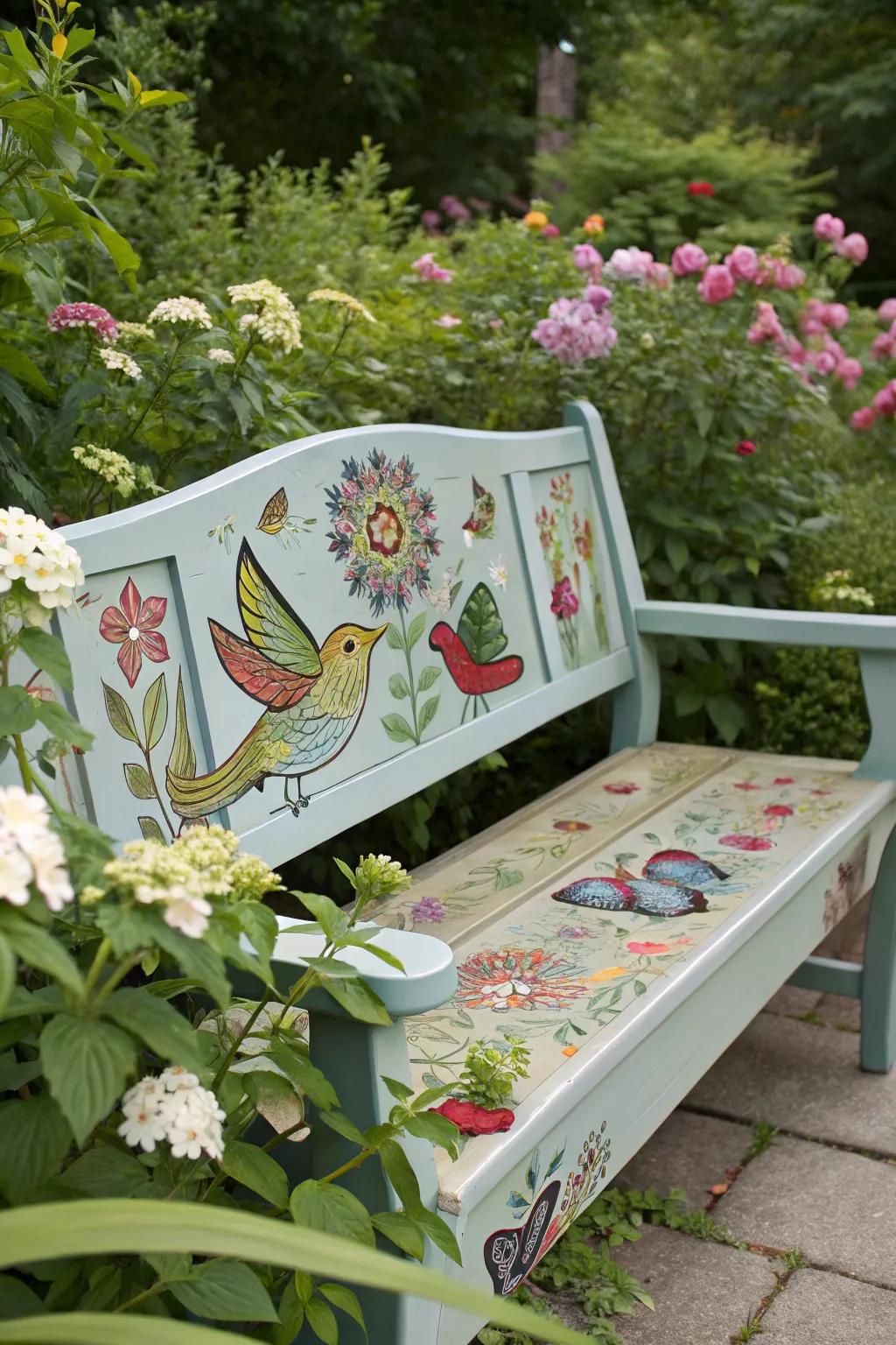 A wildlife-themed bench that enchants with its nature motifs.