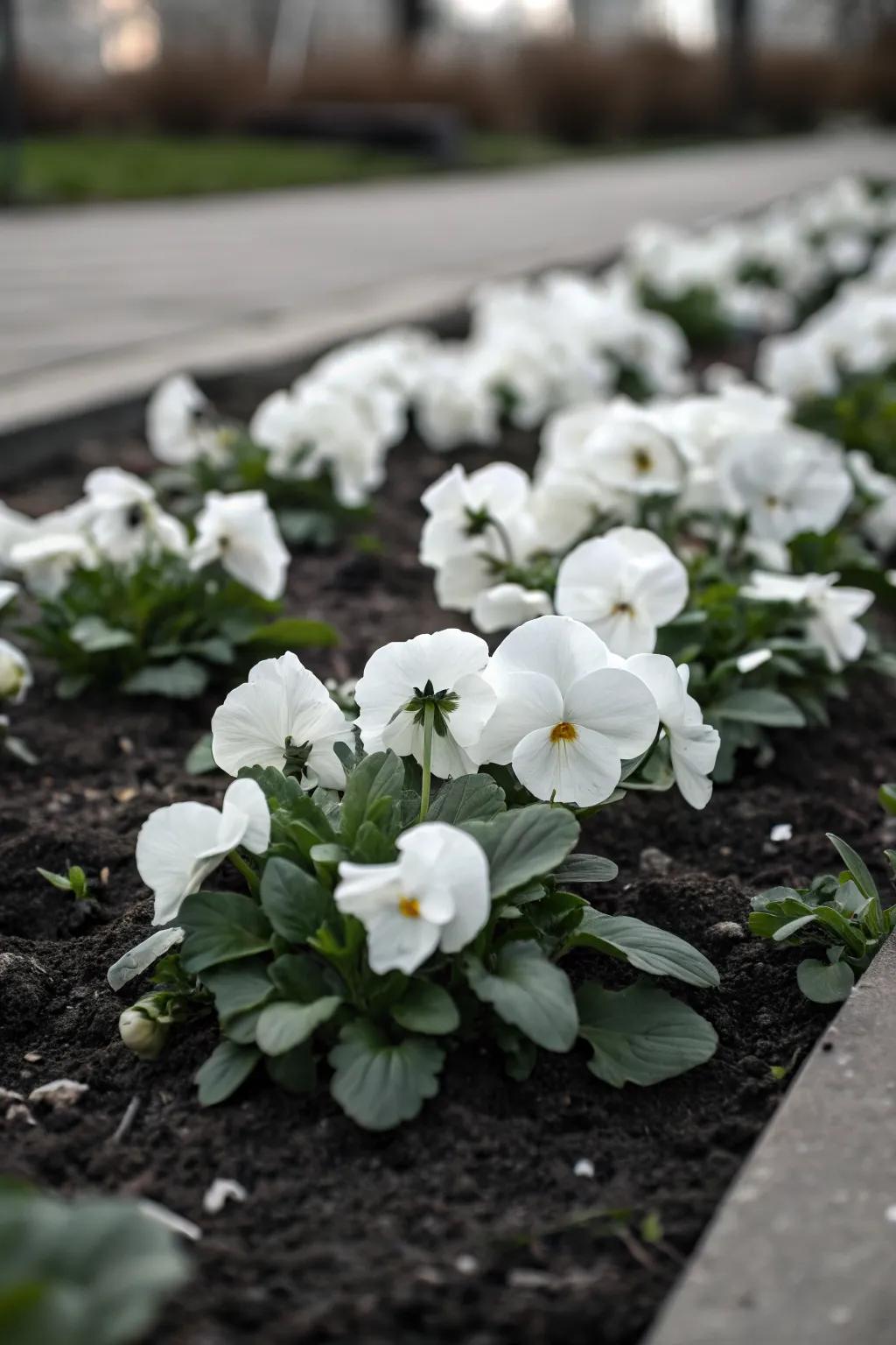 A monochrome pansy bed for a serene garden atmosphere.
