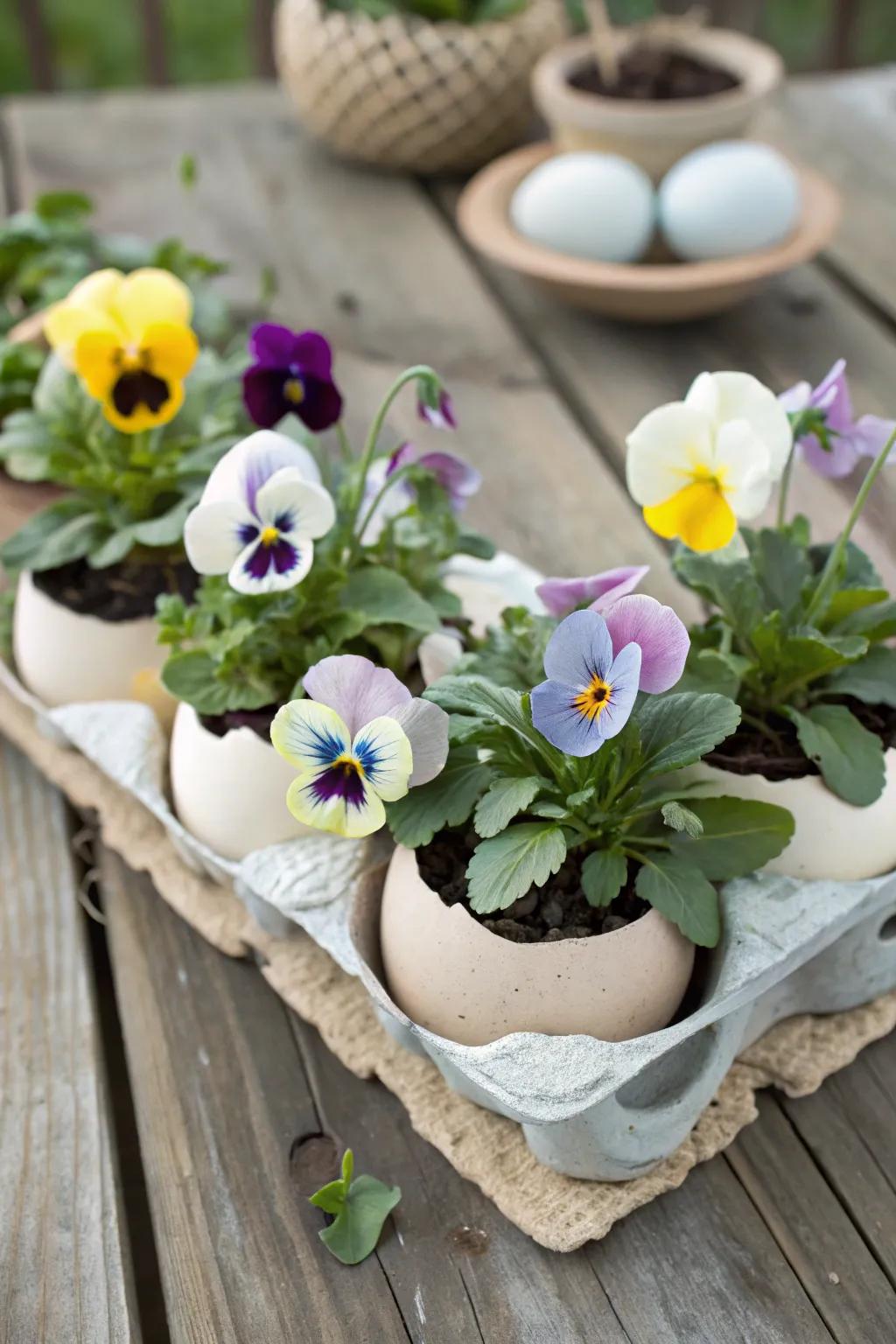 Eco-friendly eggshell planters with delicate pansy seedlings.