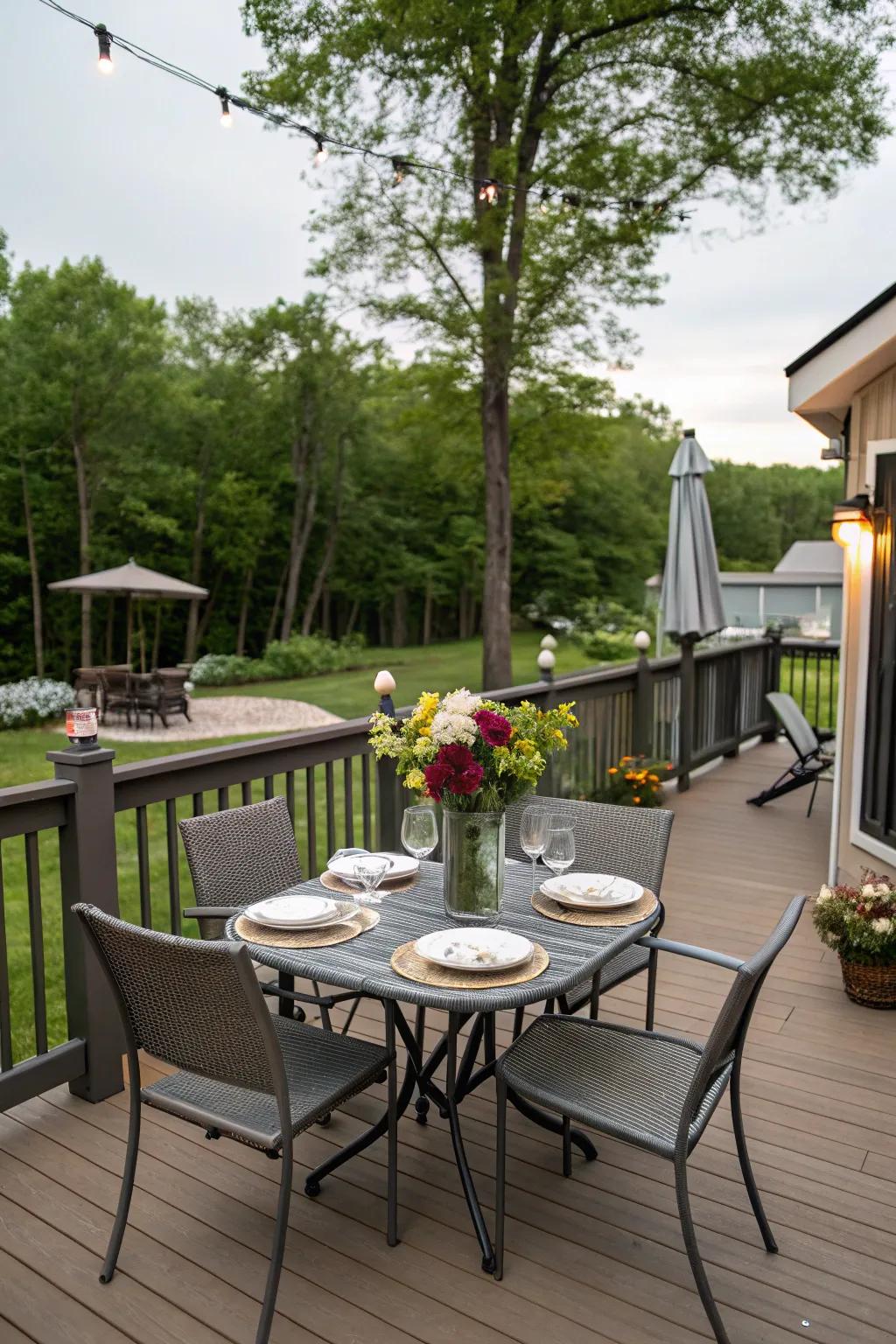 A delightful outdoor dining area on a park model deck.