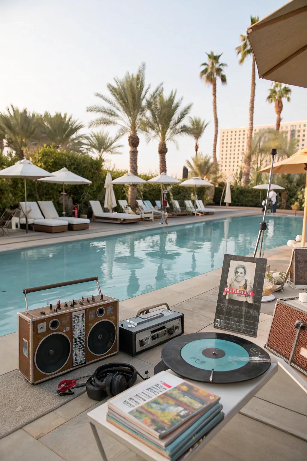 Retro-themed decor adds a nostalgic touch to the pool party.