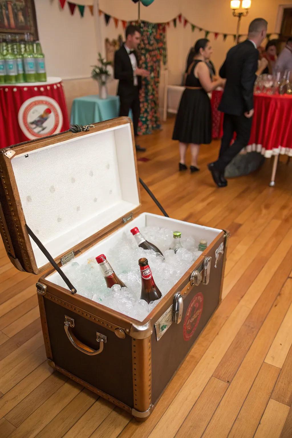 A vintage suitcase cooler adding nostalgic charm to parties.