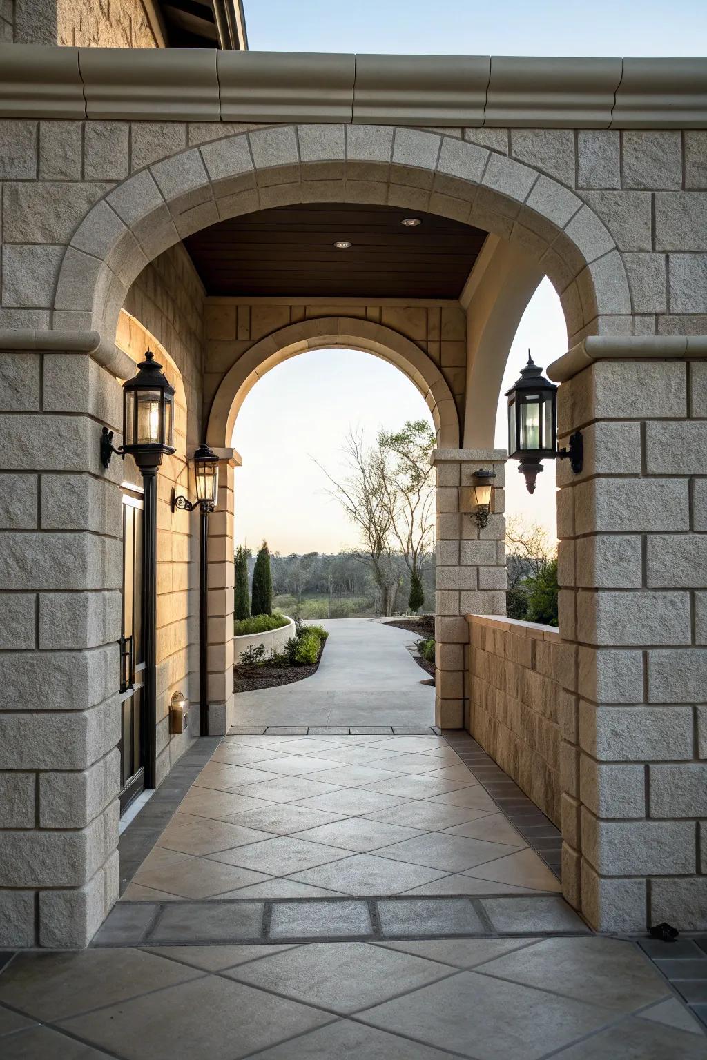 Elegant entryway framed by a grand block wall for enhanced curb appeal.