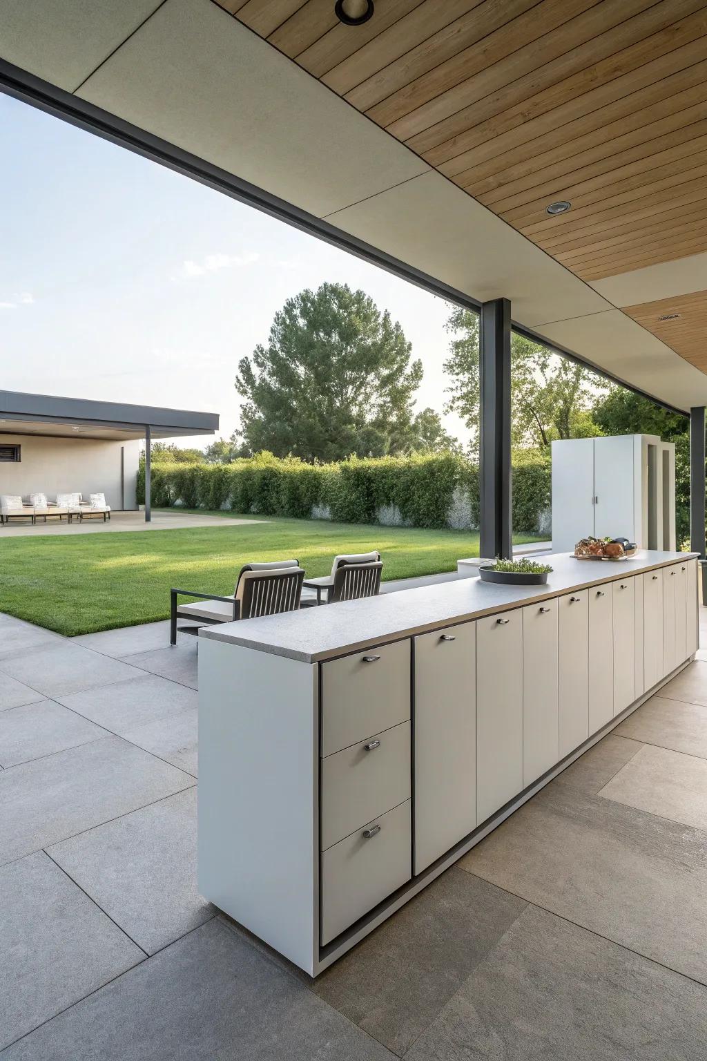 Sleek and simple, minimalist cabinets create an elegant outdoor space.