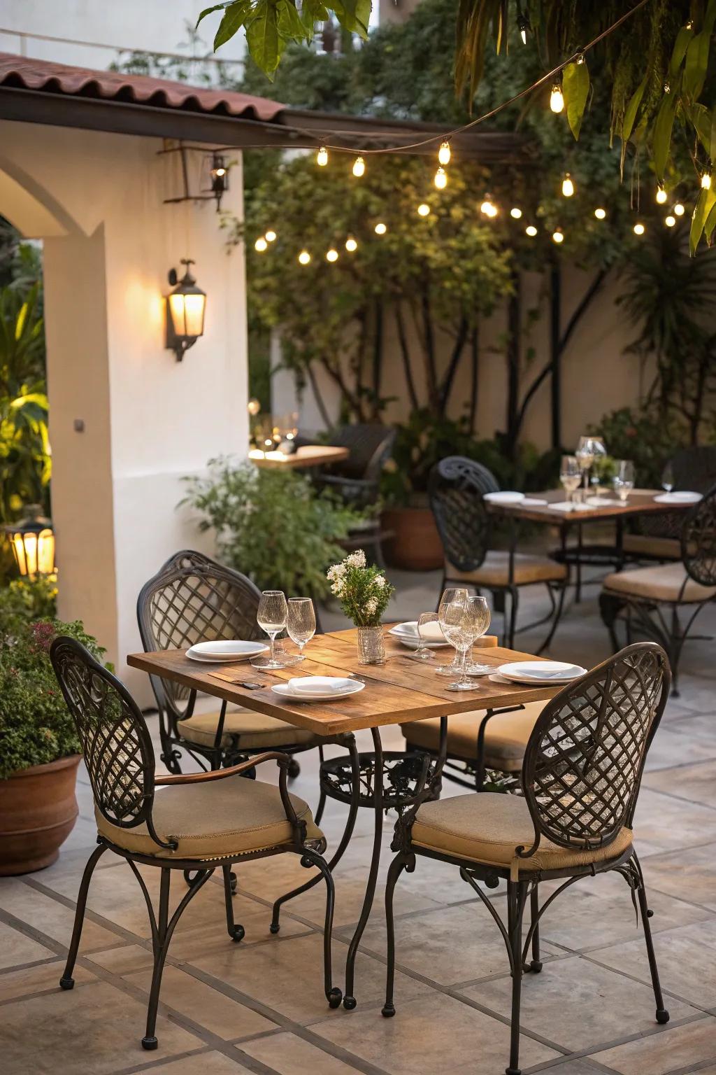 Sophisticated cast iron chairs enhancing the elegance of a patio dining setup.