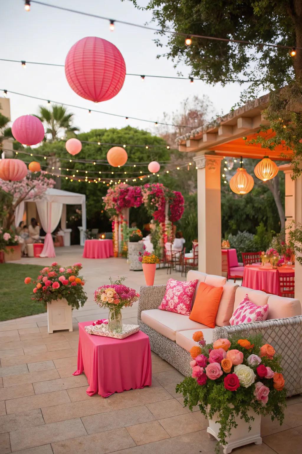 A lively patio with pink and coral accents, perfect for vibrant and fun gatherings.