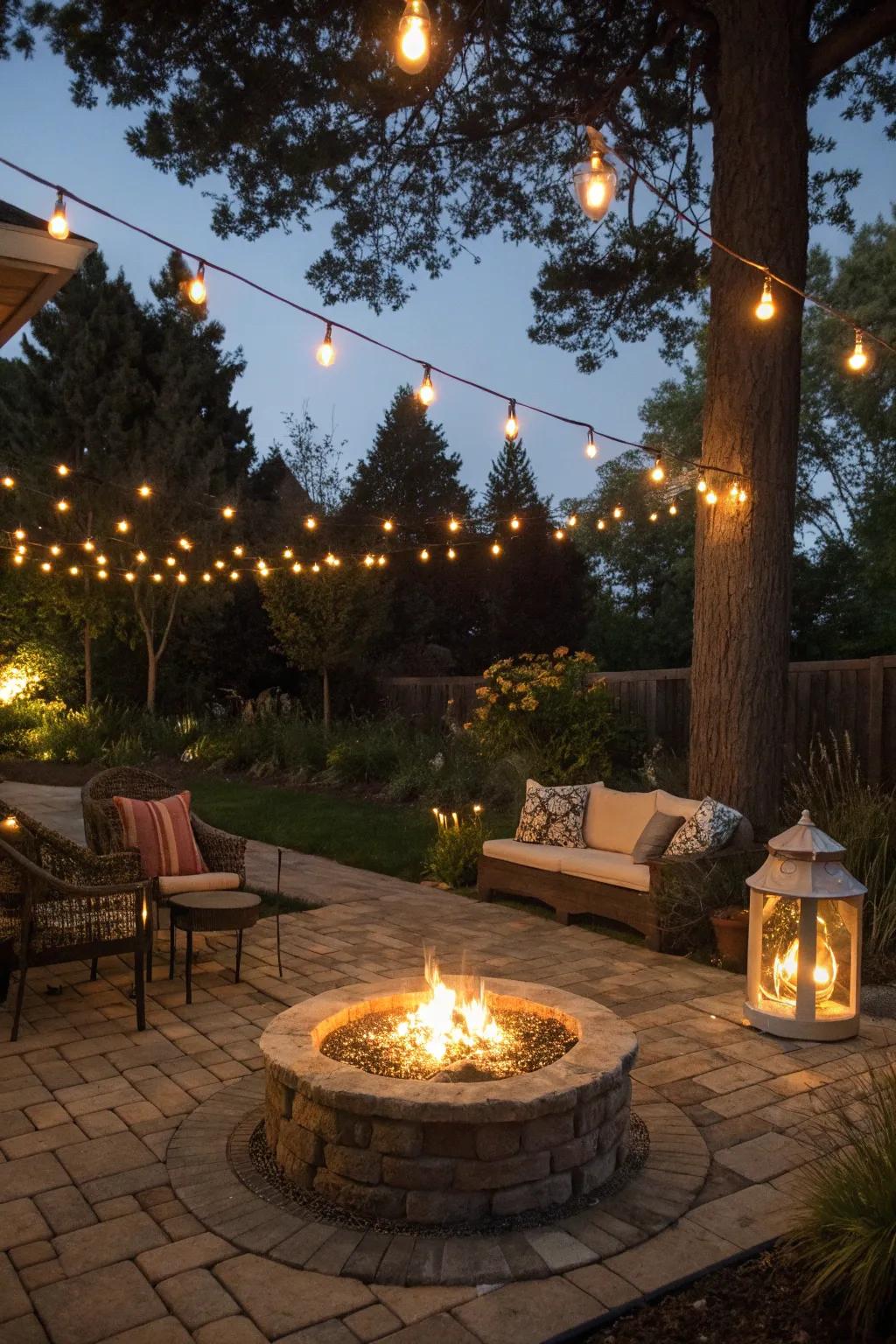 Outdoor lighting enhances the ambiance around a fire pit.