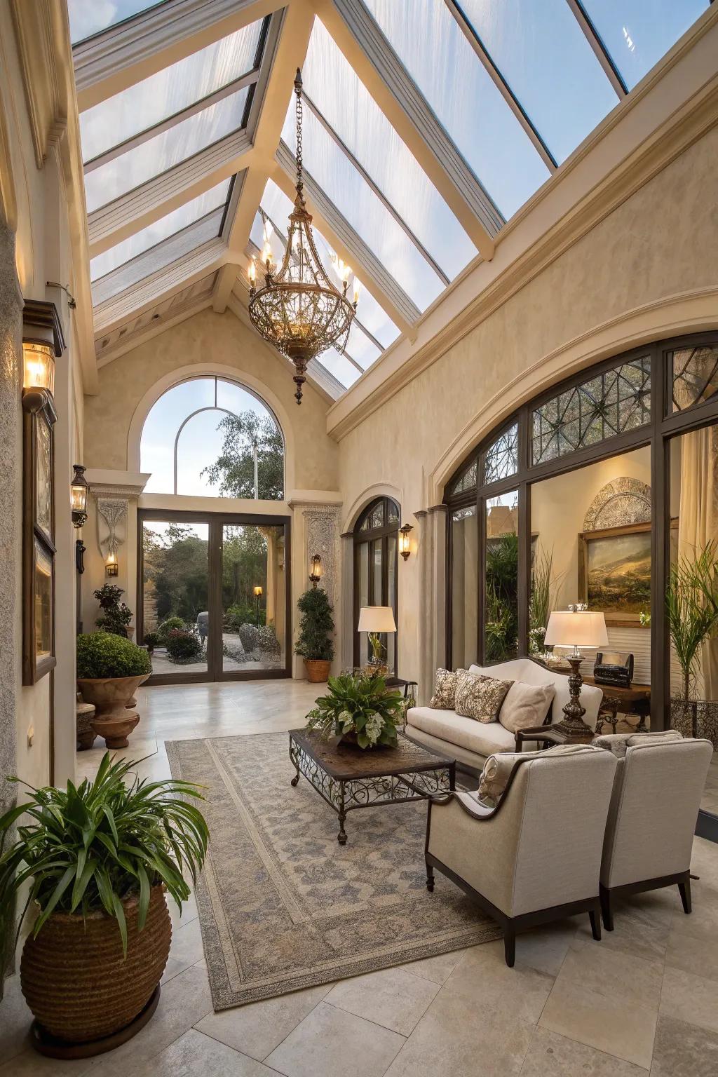 Cathedral ceilings create a grand atmosphere.