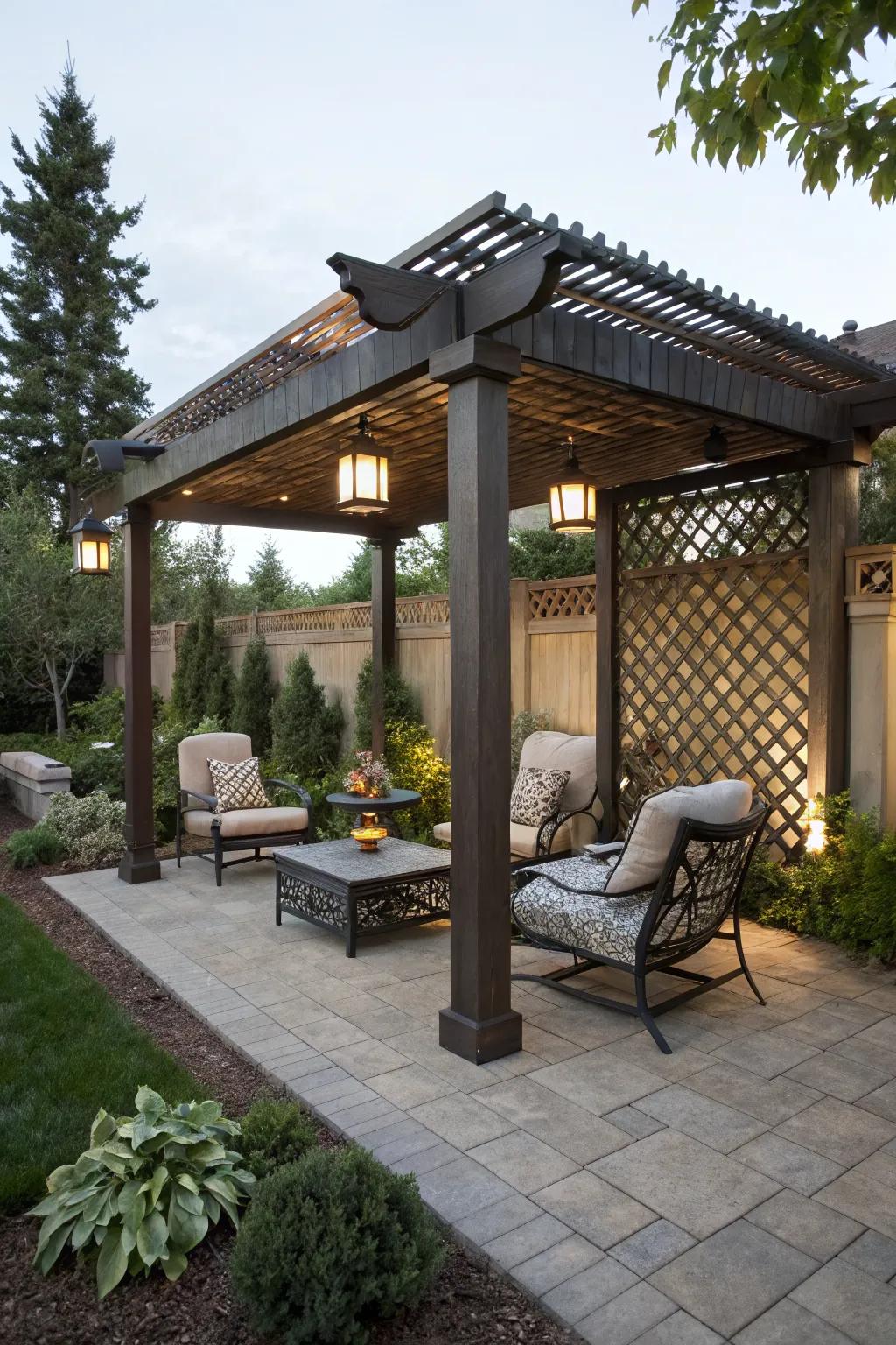 A pergola creates a dramatic and inviting patio space.
