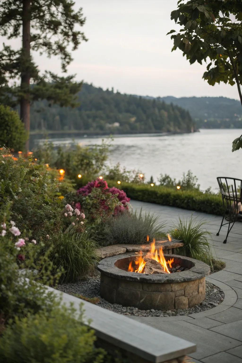 Natural surroundings enhance the ambience of a fire pit area.