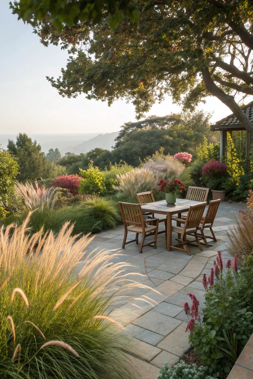 A patio beautifully framed by lush greenery.