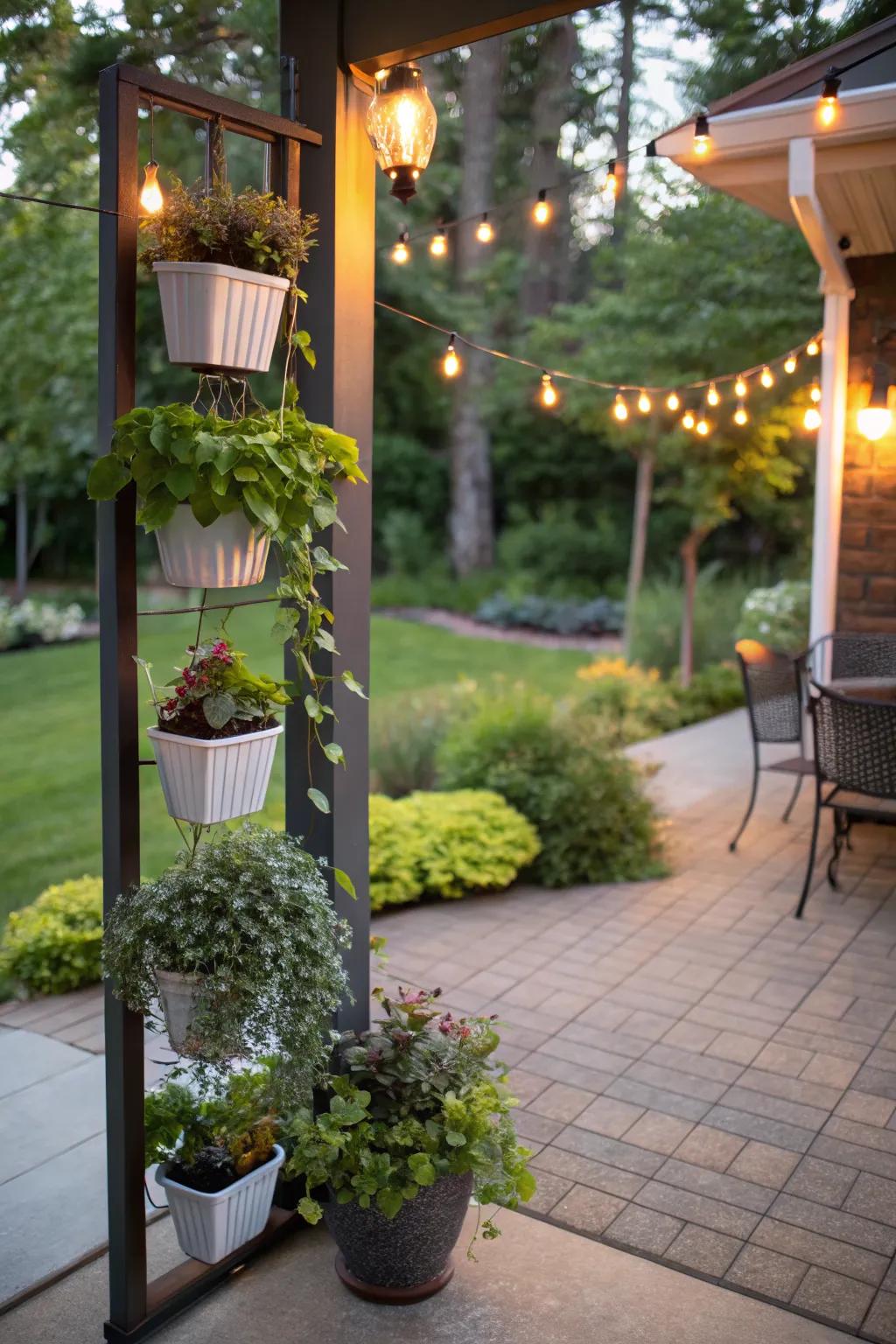 Vertical elements add dimension to small patios.