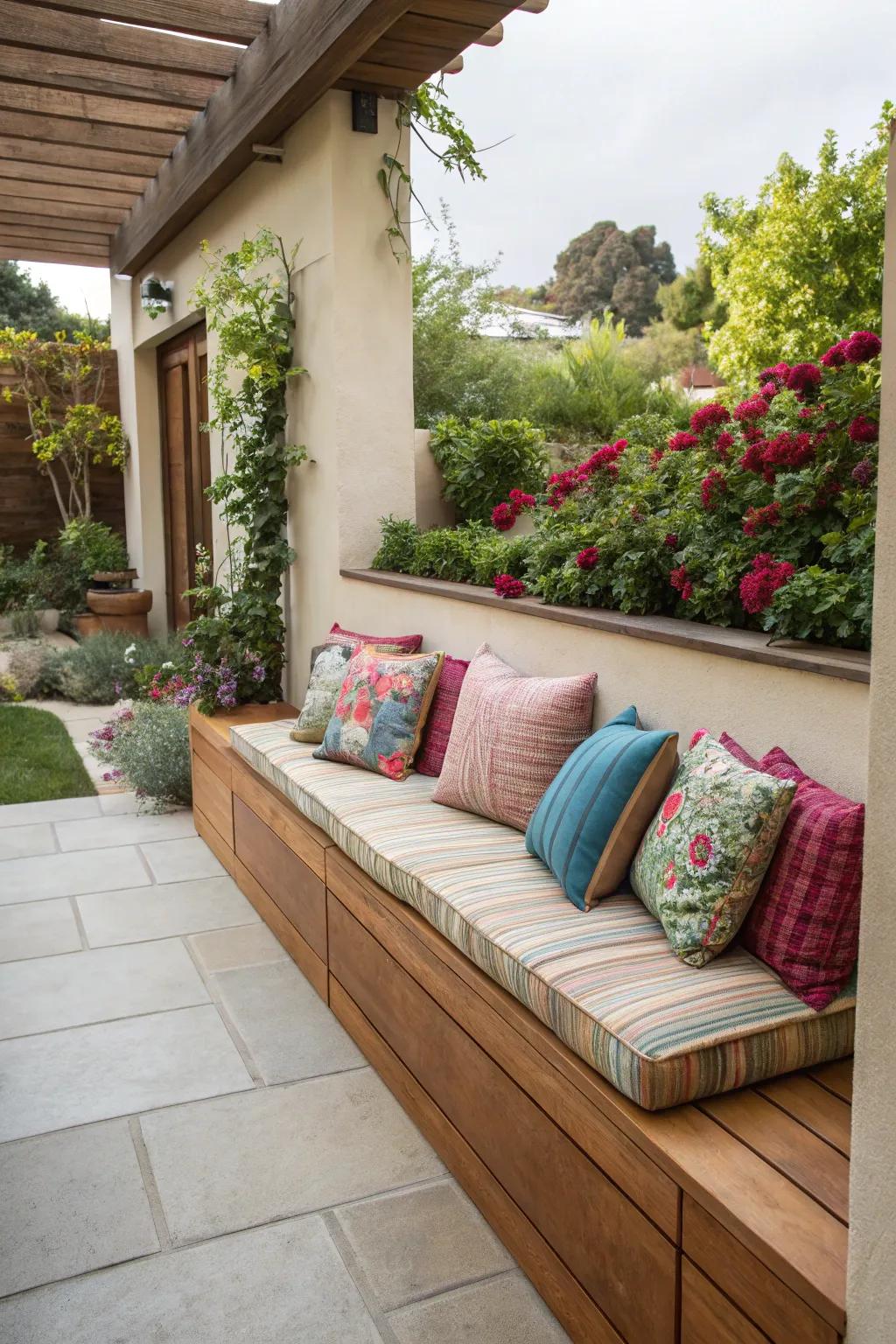 Maximize seating with a charming built-in bench on your patio.