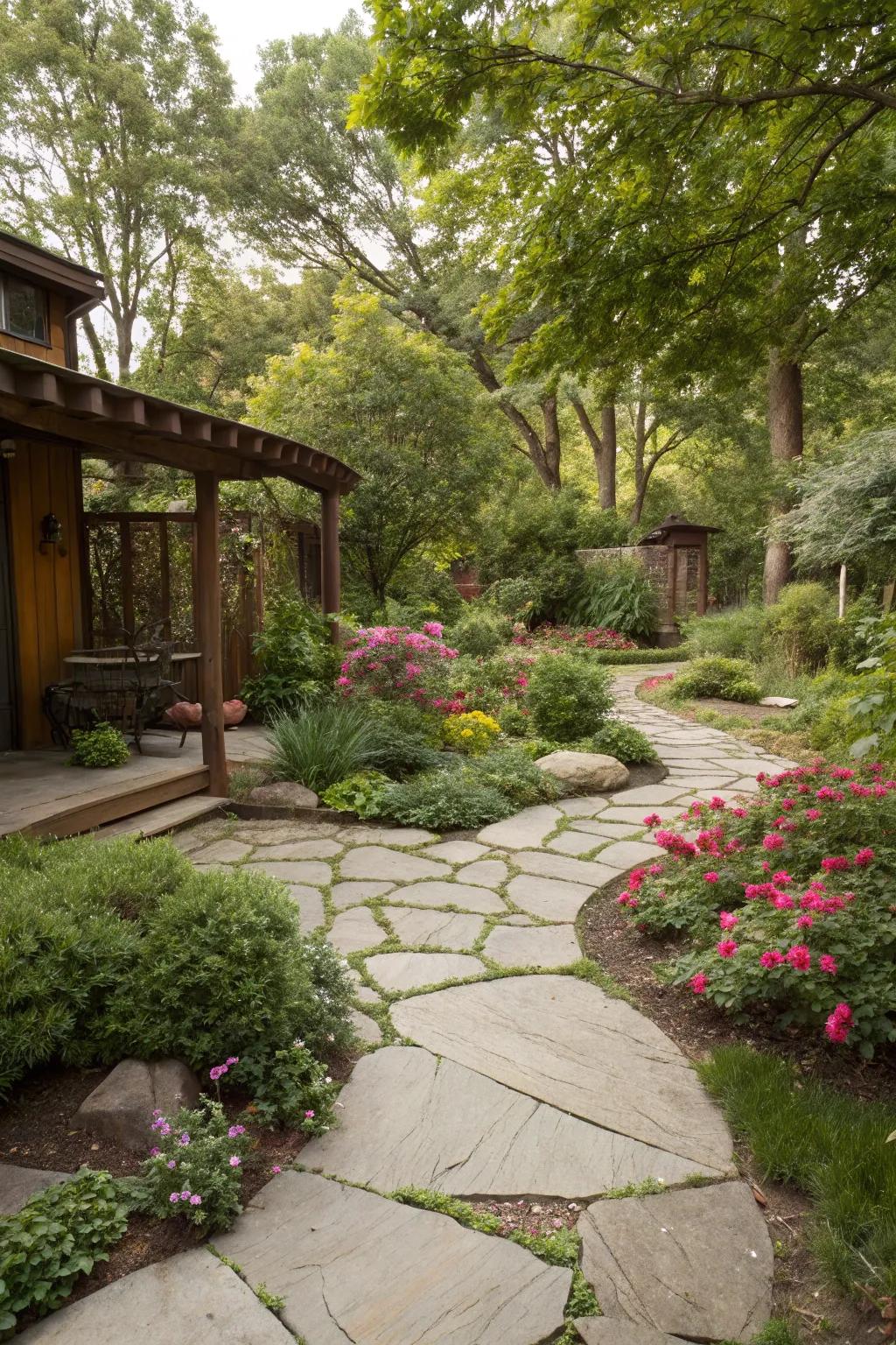 Natural stone pathways add rustic charm.