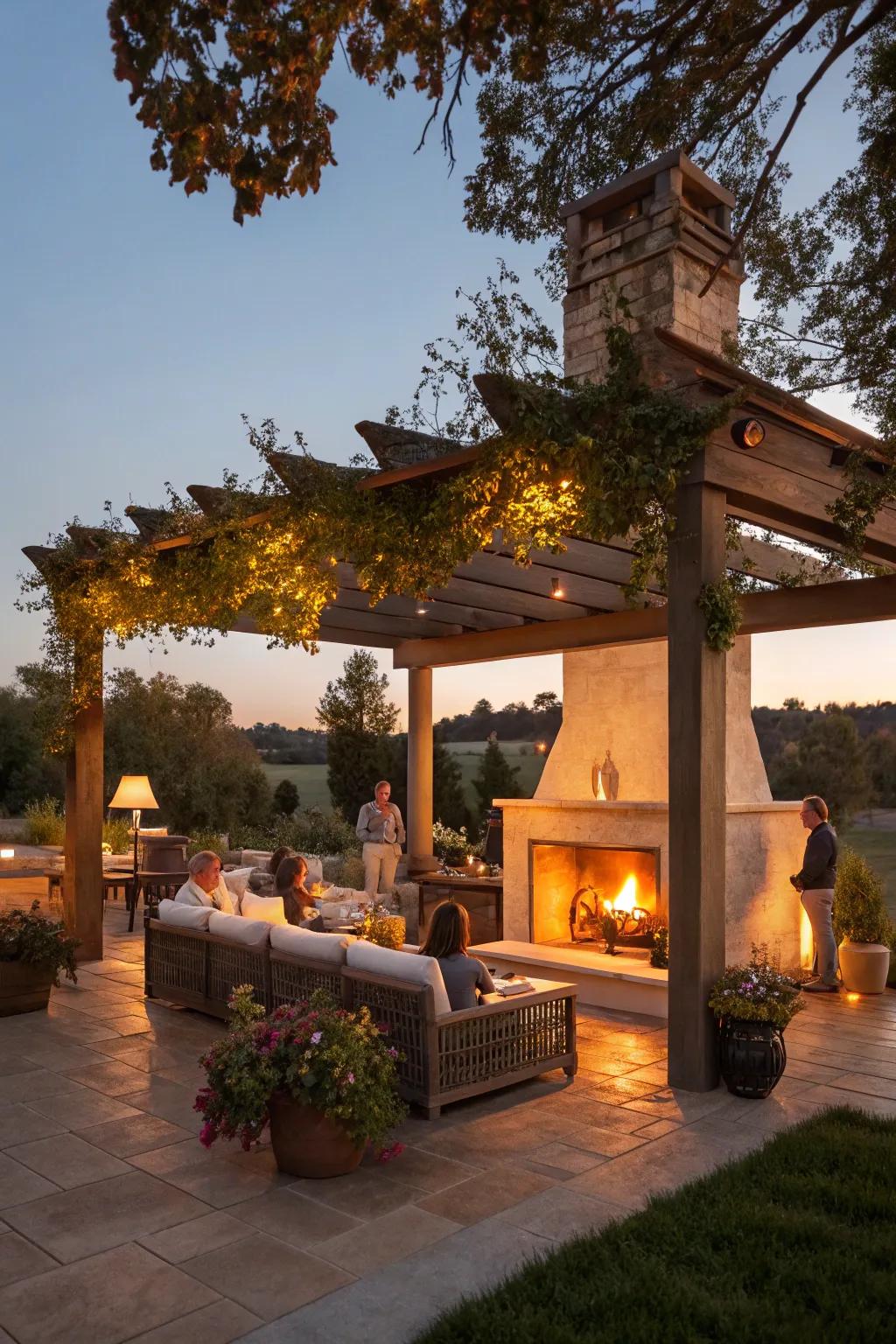 A fireplace pergola offers warmth and a cozy atmosphere.
