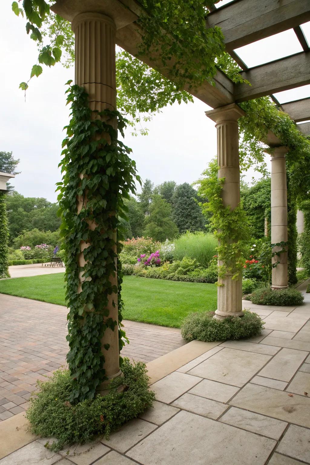 Vertical gardens on pillars create a lush, green oasis.