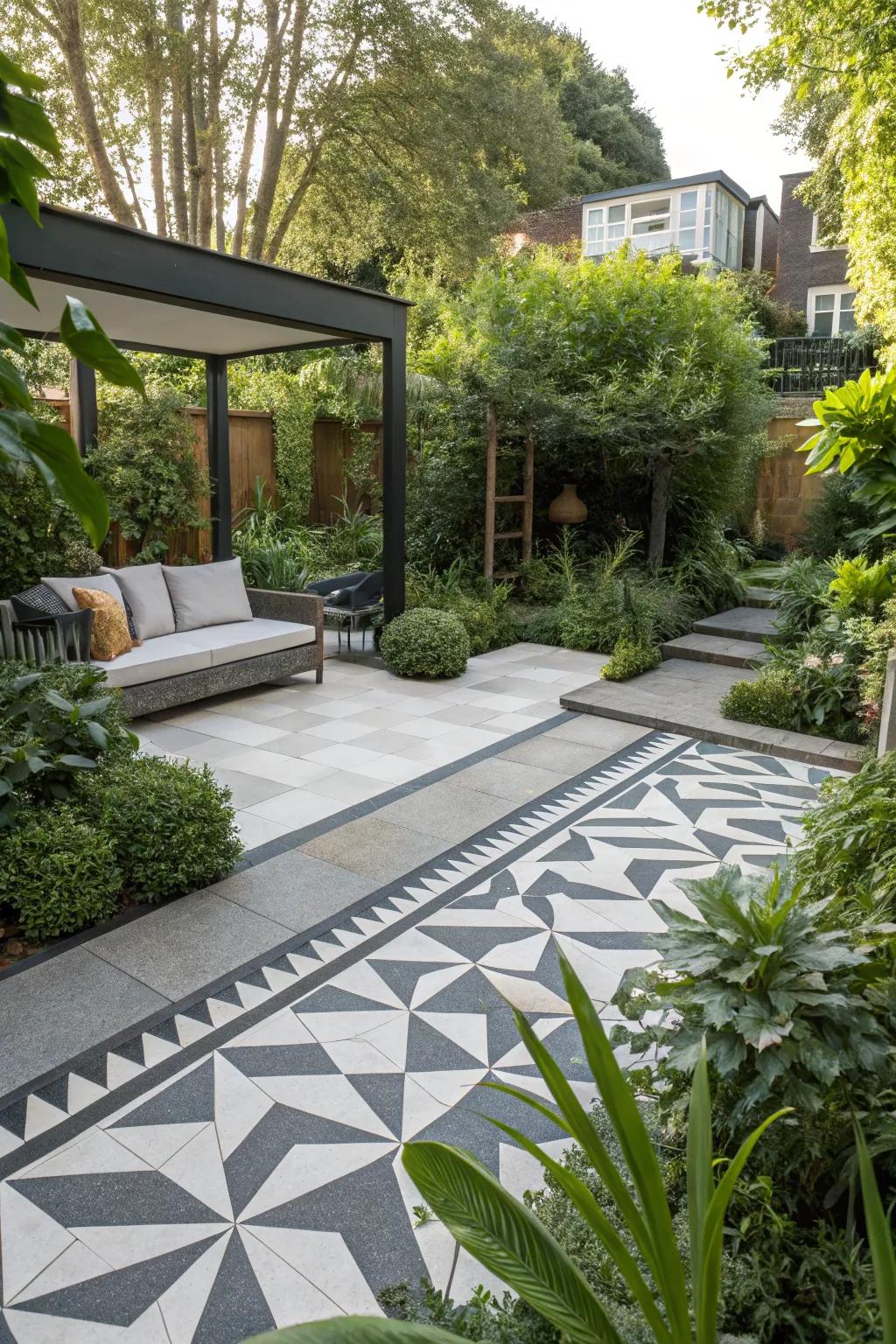A modern patio featuring eye-catching geometric patterns for a unique look.