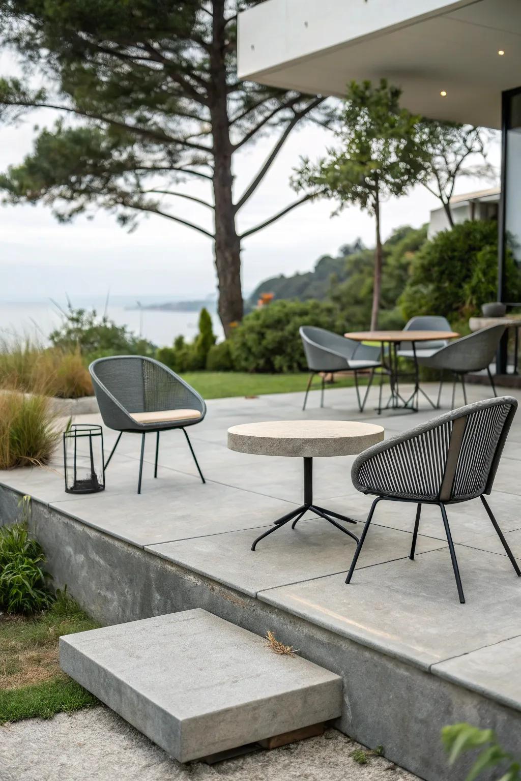 An industrial aesthetic with raw concrete slabs and sleek furniture.