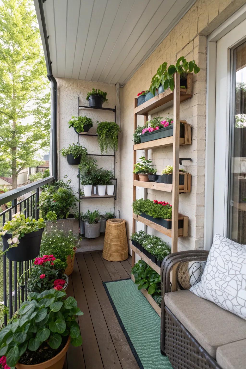 Vertical planters maximizing space on a small patio.