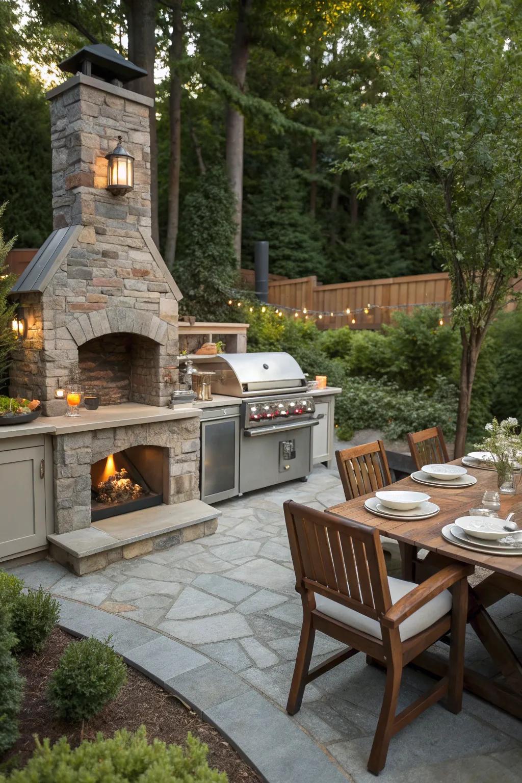 An outdoor kitchen near your fire pit enhances entertaining capabilities.