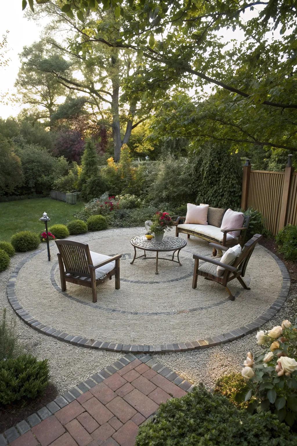 A circular gravel patio designed for gathering and conversation.