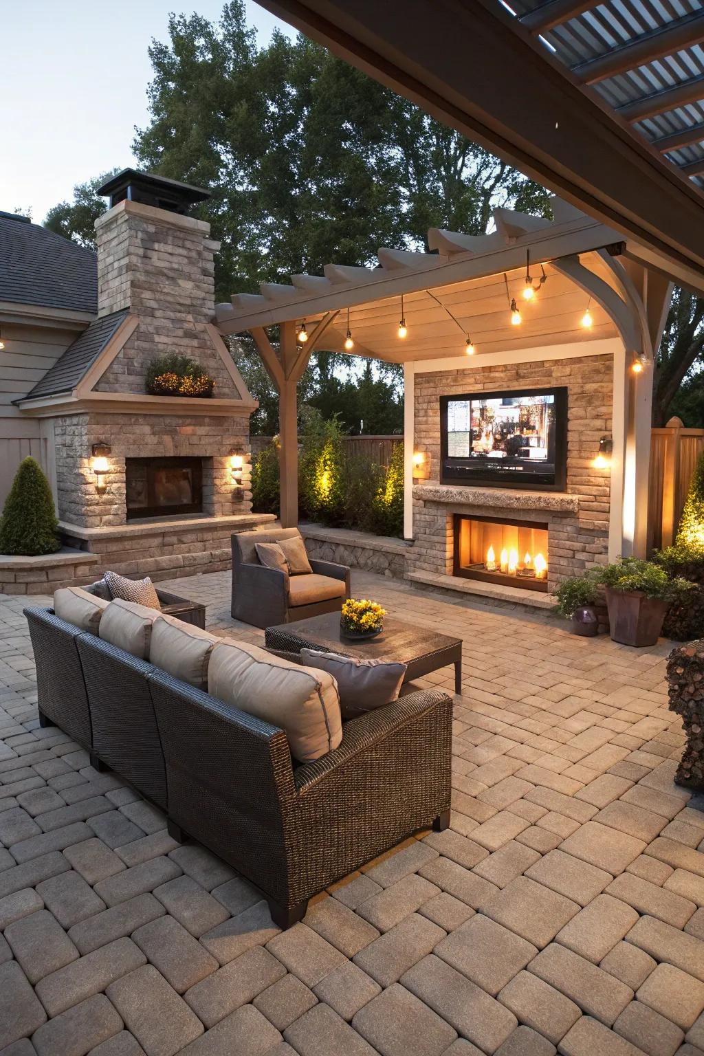 A paver patio with a built-in TV above the fireplace, perfect for entertainment.