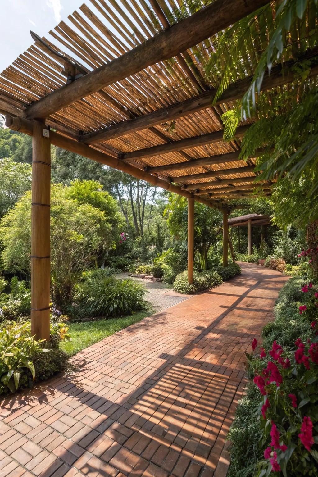 An eco-friendly bamboo pergola offers sustainability and style.
