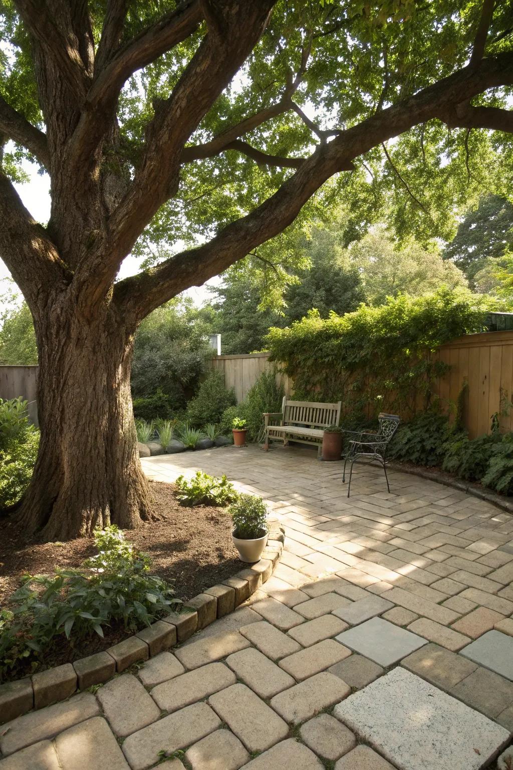 A mini patio created with pavers around a tree, ideal for intimate gatherings.