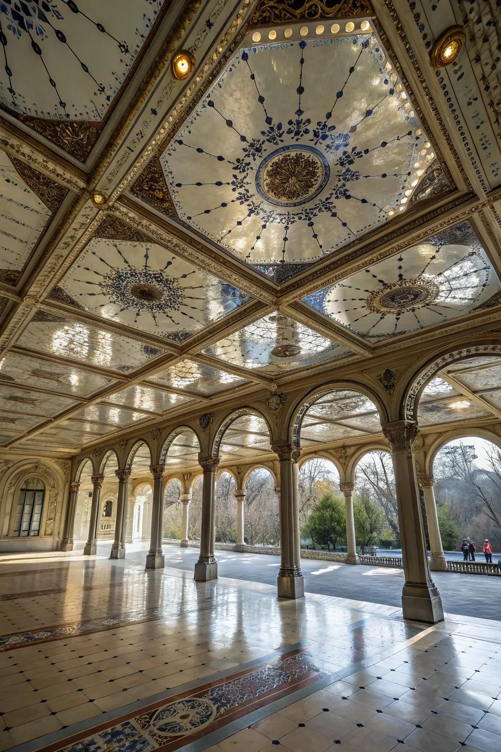 A pavilion ceiling with reflective surfaces creating a bright and spacious atmosphere.